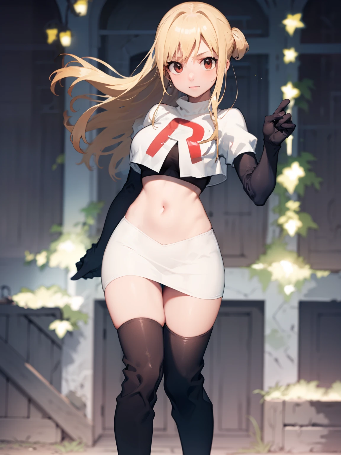 Lucy_Heartfilia, long hair,blonde hair, brown eyes, ,team rocket uniform, red letter R, white skirt,white crop top,black thigh-high boots, black elbow gloves, looking at viewer, cowboy shot