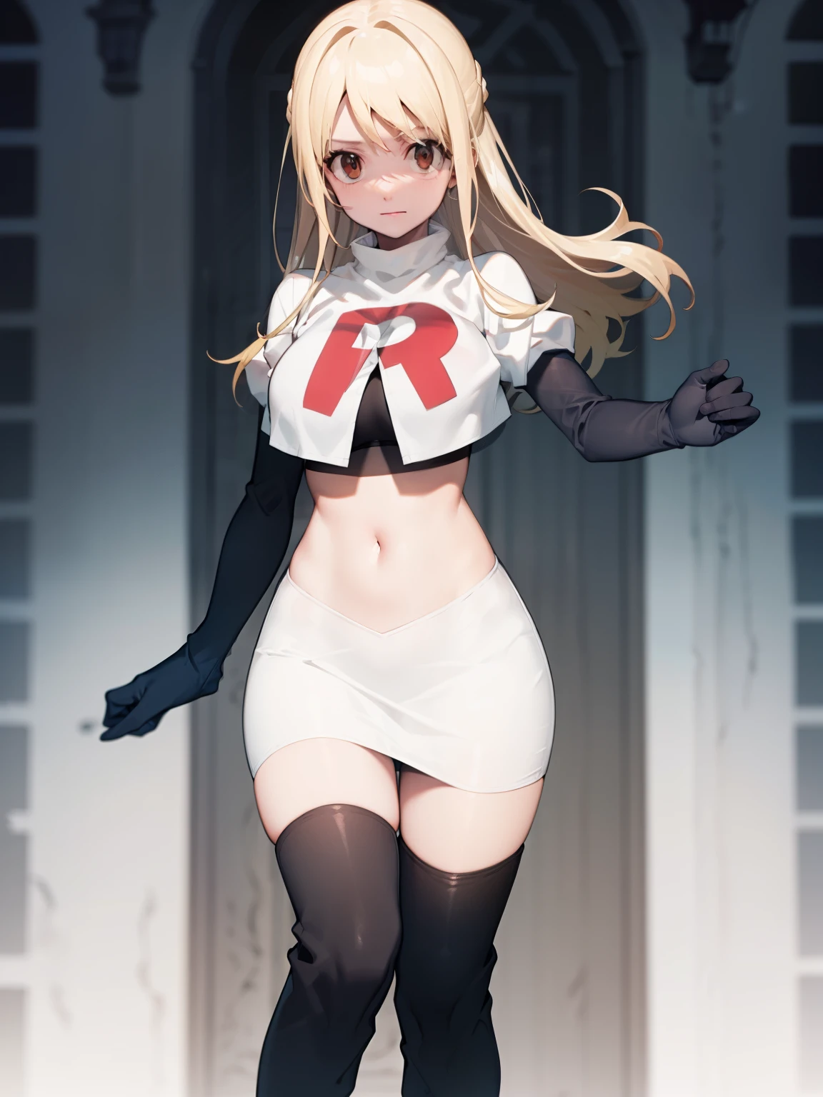 Lucy_Heartfilia, long hair,blonde hair, brown eyes, ,team rocket uniform, red letter R, white skirt,white crop top,black thigh-high boots, black elbow gloves, looking at viewer, cowboy shot