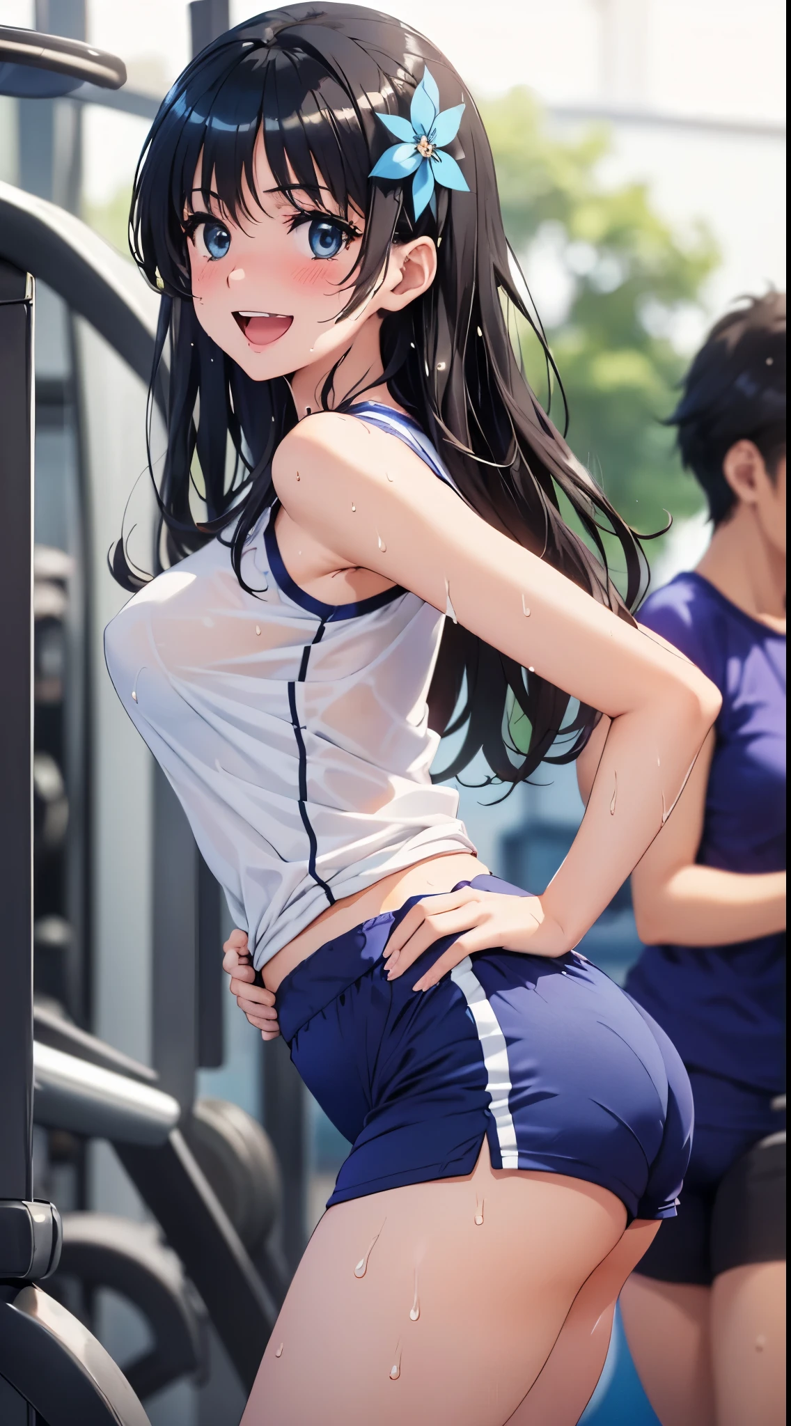 1womanl,Black hair,14years ,(()),Beautiful breasts,(((Sexy white and blue shiny gym clothes and shorts)))(())(((Blushing cheeks、Smile with open mouth)),(((Satin Narico))),((( portlate))),Crowds,Shiny white and blue gym clothes and shorts,wet with sweat
