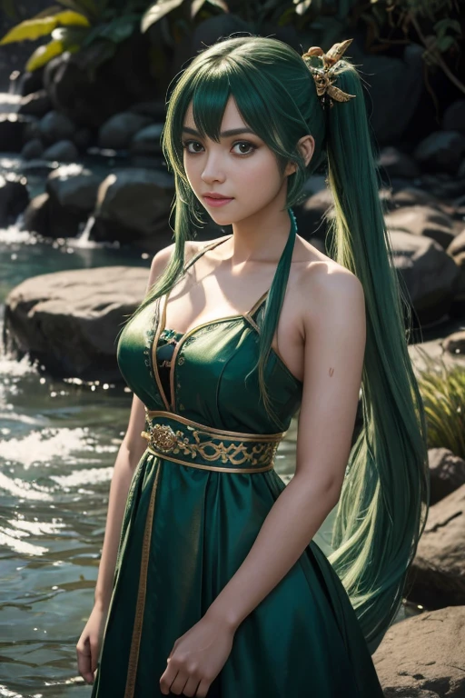 1girl, solo, hair ornament, green hair, twintails, long hair, dress, water,, mid shot portrait photo of (Faruzan) from Genshin Impact,, dark fantasy background, charming smirking., by Greg Rutkowski and Walt Disney ultra realistic highly detailed intricate photorealistic analog style photograph sharp focus on eyes, cinematic lighting,, , ,UHD, HDR, 8K