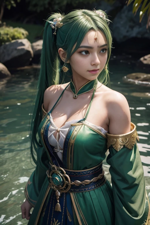 1girl, solo, hair ornament, green hair, twintails, long hair, dress, water,, mid shot portrait photo of (Faruzan) from Genshin Impact,, dark fantasy background, charming smirking., by Greg Rutkowski and Walt Disney ultra realistic highly detailed intricate photorealistic analog style photograph sharp focus on eyes, cinematic lighting,, , ,UHD, HDR, 8K