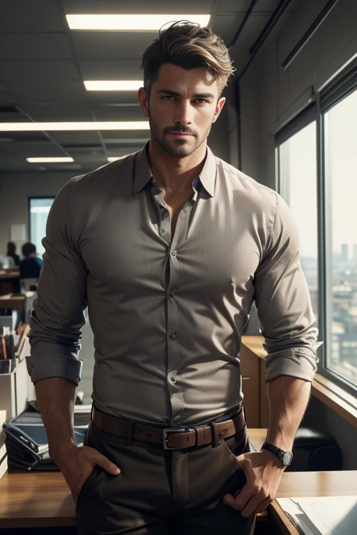 photo of (Man), RAW, man of average beauty, (short hair, gray brown, straight/wavy), in office, leaning against desk, social clothing, unbuttoned shirt, (full body :1.3), (masterpiece) (perfect aspect ratio)(realistic photo)(best quality) (detailed) (8k) (HDR) (wallpaper) (cinematic lighting) (sharp focus) (intricate)