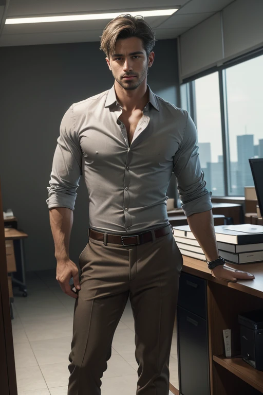 photo of (Man), RAW, man of average beauty, (short hair, gray brown, straight/wavy), in office, leaning against desk, social clothing, unbuttoned shirt, (full body :1.3), (masterpiece) (perfect aspect ratio)(realistic photo)(best quality) (detailed) (8k) (HDR) (wallpaper) (cinematic lighting) (sharp focus) (intricate)