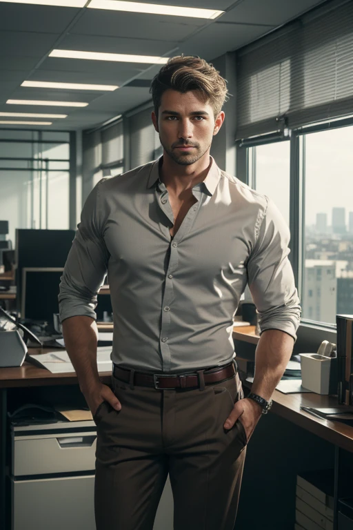 photo of (Man), RAW, man of average beauty, (short hair, gray brown, straight/wavy), in office, leaning against desk, social clothing, unbuttoned shirt, (full body :1.3), (masterpiece) (perfect aspect ratio)(realistic photo)(best quality) (detailed) (8k) (HDR) (wallpaper) (cinematic lighting) (sharp focus) (intricate)