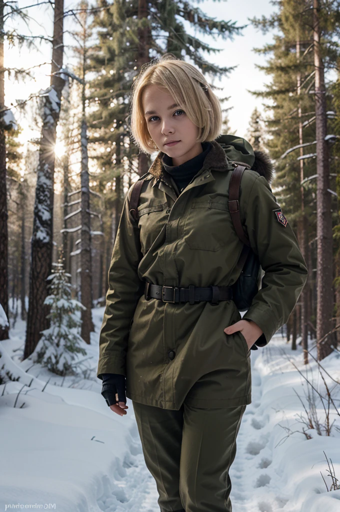 ung short girl, blonde short hair, finnish ww2 uniform, finnish kp31 on back, winter forrest