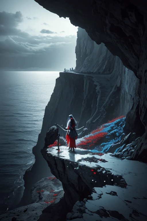 black and white and blue and red,(best quality, ultra-detailed, high resolution, extremely detailed cg),wide shot,dead angels stand on cliff edge,she is very beautiful,she like blood and sea,bloody rain, mystical,fanatic, intricate, surreal,delicate