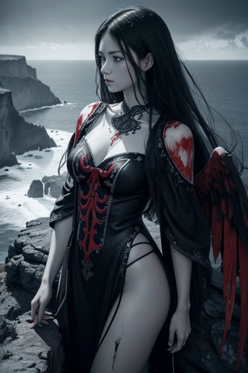 black and white and blue and red,(best quality, ultra-detailed, high resolution, extremely detailed cg),wide shot,dead angels stand on cliff edge,she is very beautiful,she like blood and sea,bloody rain, mystical,fanatic, intricate, surreal,delicate