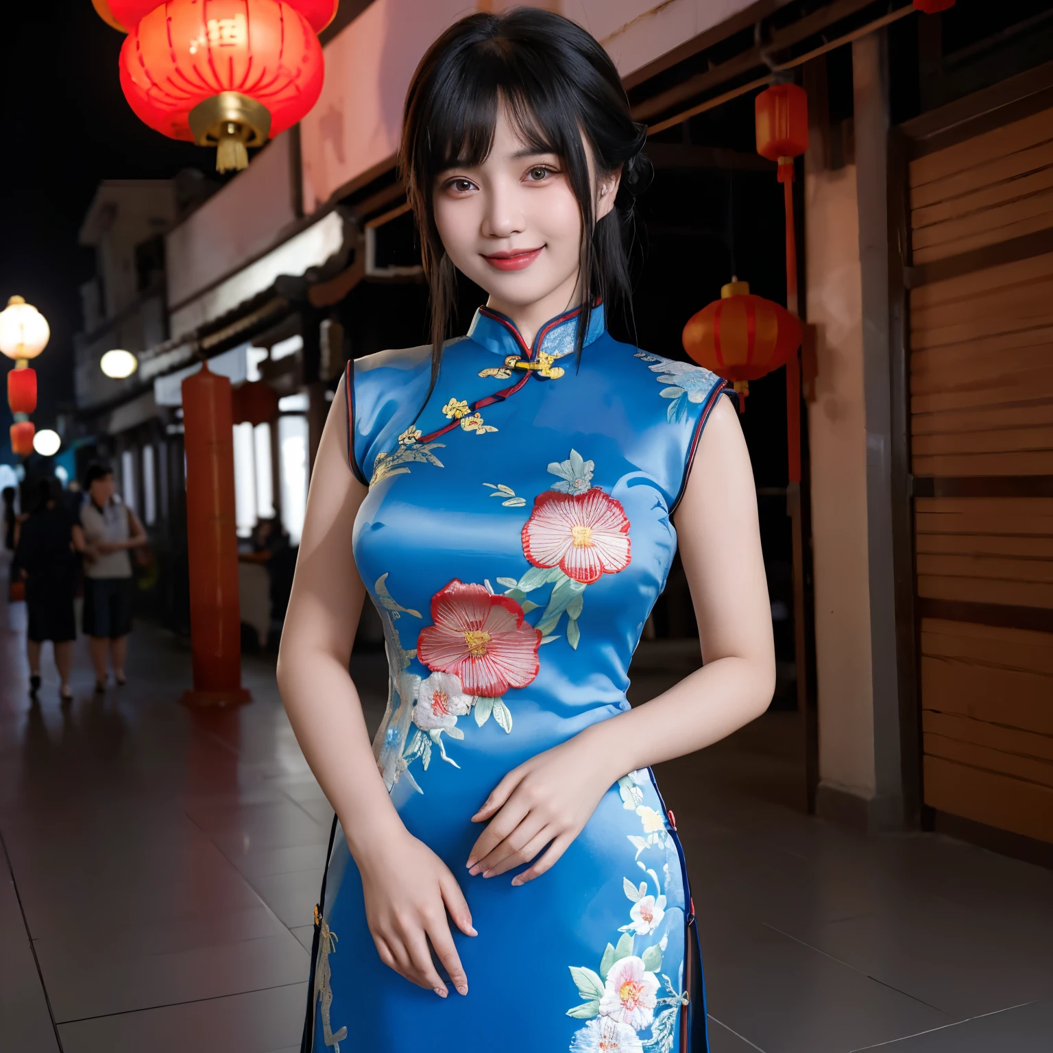 1lady solo, /(blue cheongsam with floral embroidery/), /(black hair/) bangs, blush kind smile, (masterpiece best quality:1.2) delicate illustration ultra-detailed, large breasts BREAK /((streets of China/)) night, ((standing))