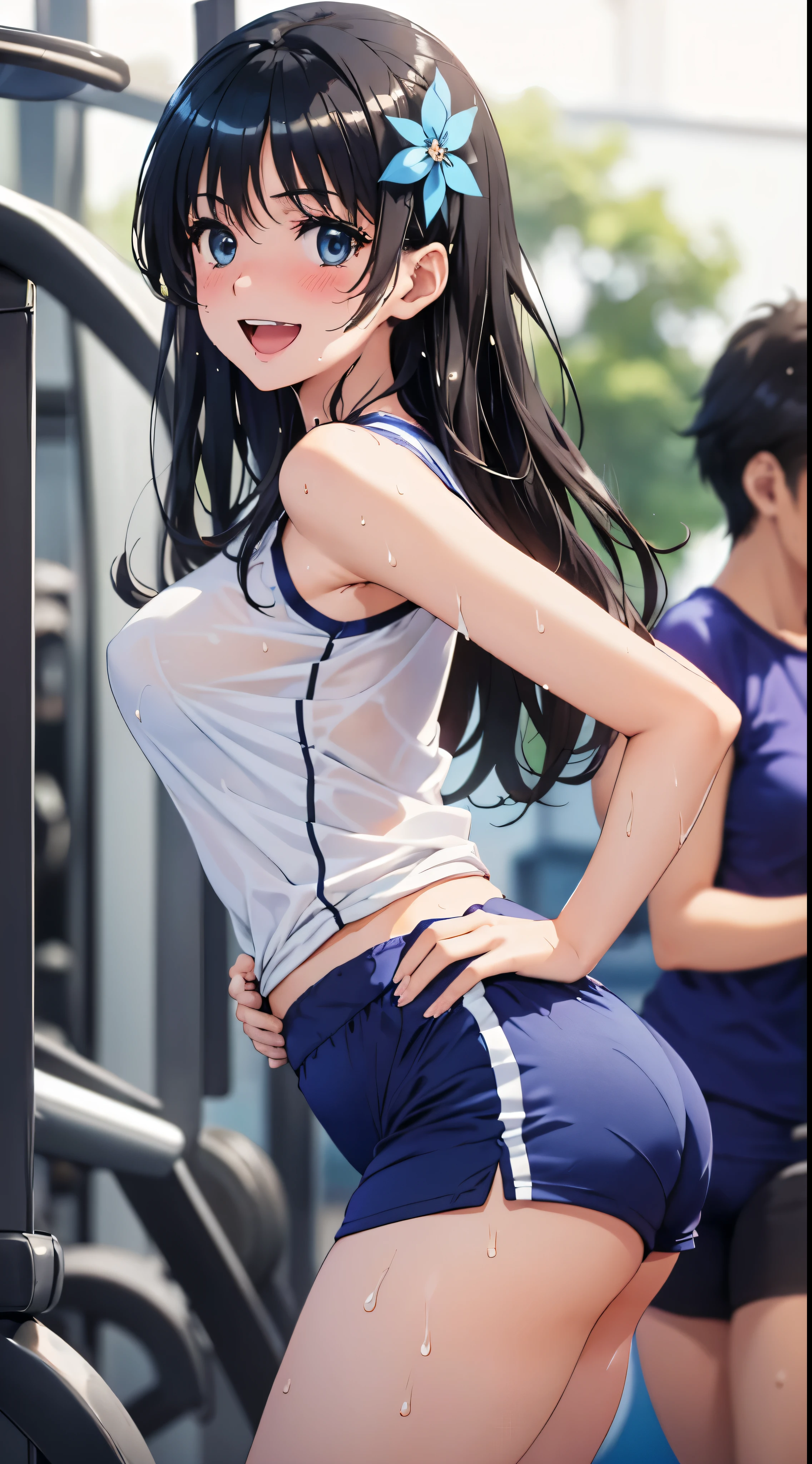 1womanl,Black hair,14years ,(()),Beautiful breasts,(((Sexy white and blue shiny gym clothes and shorts)))(())(((Blushing cheeks、Smile with open mouth)),(((Satin Narico))),((( portlate))),Crowds,Shiny white and blue gym clothes and shorts,Wet with sweat