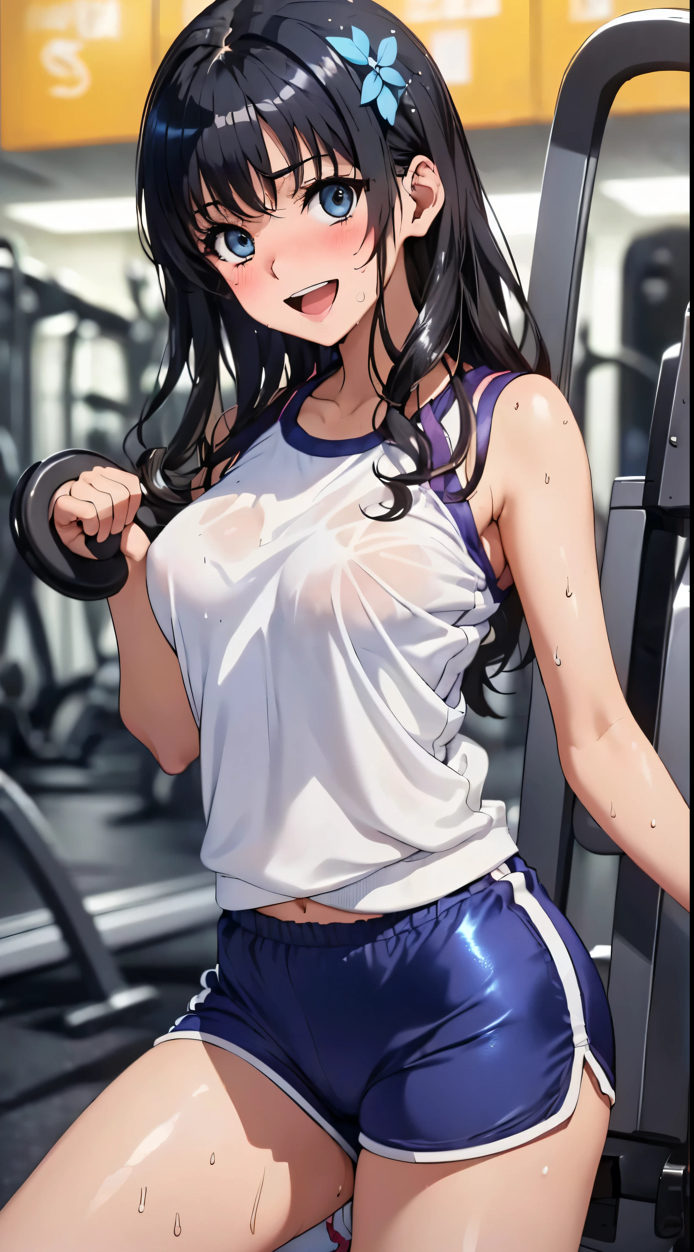 1womanl,Black hair,14years ,(()),Beautiful breasts,(((Sexy white and blue shiny gym clothes and shorts)))(())(((Blushing cheeks、Smile with open mouth)),(((Satin Narico))),((( portlate))),Crowds,Shiny white and blue gym clothes and shorts,Wet with sweat