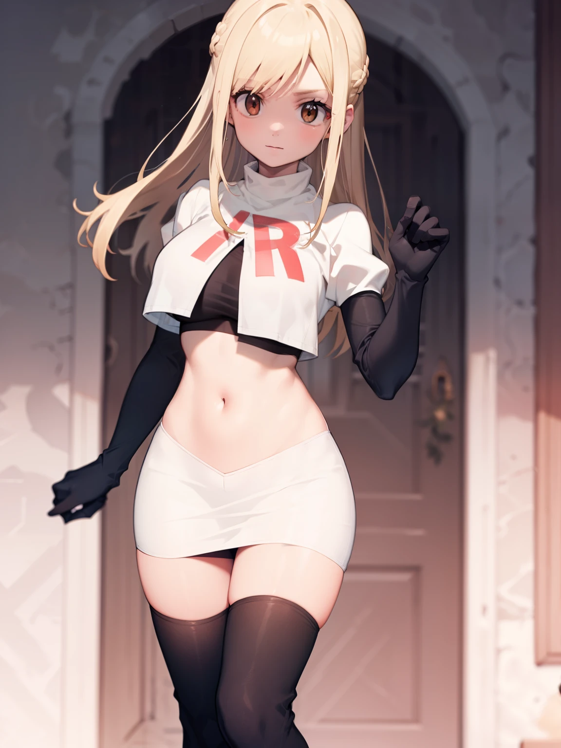 Lucy_Heartfilia, long hair,blonde hair, brown eyes, ,team rocket uniform, red letter R, white skirt,white crop top,black thigh-high boots, black elbow gloves, looking at viewer, cowboy shot