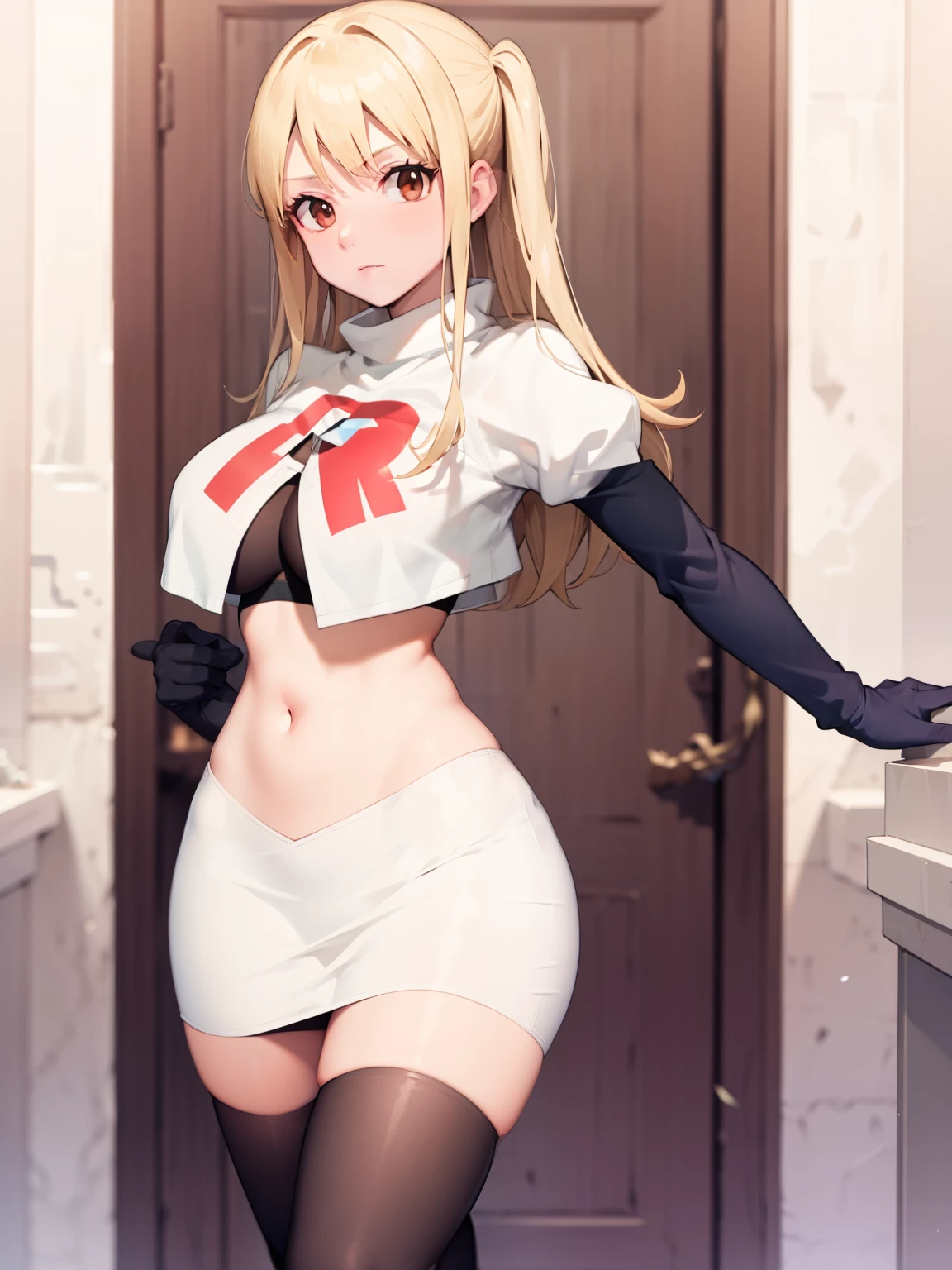 Lucy_Heartfilia, long hair,blonde hair, brown eyes, ,team rocket uniform, red letter R, white skirt,white crop top,black thigh-high boots, black elbow gloves, looking at viewer, cowboy shot