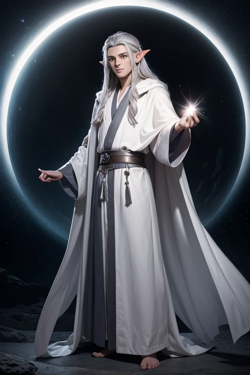 Masterpiece, Excellent, Single, 1 person, male, youth, teenager, wizard, slimming, elf, silver hair, long hair, gray pupils, floating ball of light, white robe, robe, relax, desert detailed background