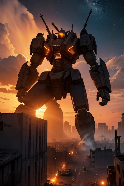 Run-down city, Battlefield, ruins, Gunsmoke fills, Broken giant robot, Orange sky, Dust, radiance, starry, from below, wide shot, cinematic lighting, blurry, Ultra-Wide Angle, best quality, 8k