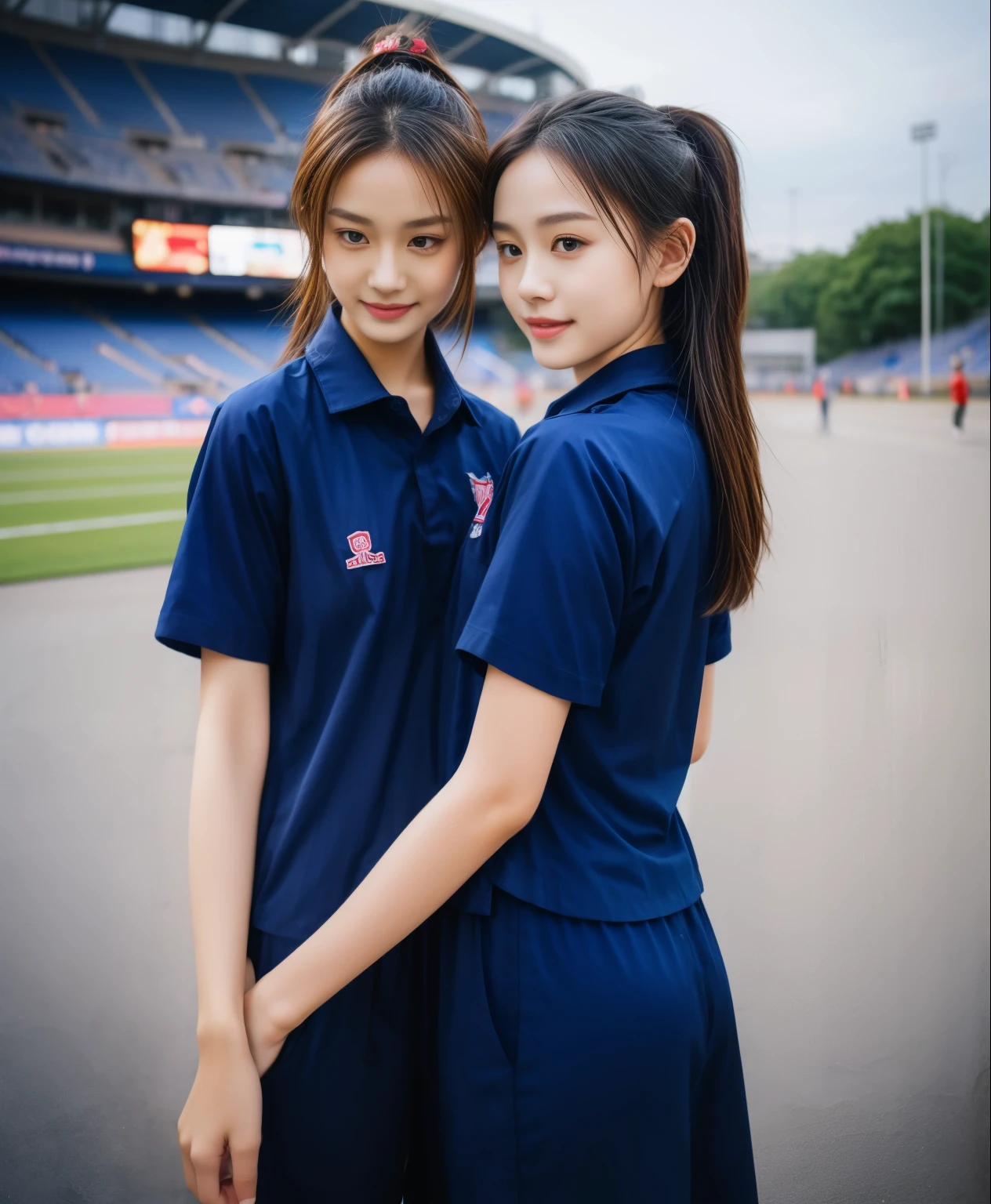(bestquality,10,10,highres,masterpiece:1.2),ultra-detail,(Realistic,ภาพRealistic,photo-realistic:1.37),1 Cute girl in the football field,oily shiny skin,bara,light smile,BDclothelue shirt:1.3)),short sleeves,shirt, trousers.,(navy_long_ติดตามtrousers:1.1), ((Stadium Background:1.3)),dynamic angle,excited,face focus,Dynamic Poses,from behide,Ass Focus,masterpiece, bestquality, ultra realistic, hyper-detail, 8k resolution, RAW photo, crisp focus, ((Navy blue shirt:1.1)), short sleeves, เส้นทางlong, Complete bodyแบบ, 2 mature women, 18yo, cinematic light,trousersวอร์มสีน้ําเงิน,Gymware,Correct anatomy,Complete body, Correct body, sharp face, Correct bodyทางกายวิภาค, full entire body, Realistic gestures, long-haired, Realistic poses,Wear long shorts..............................,ช่วงขาlong,Shapely,Sculpting Girl, Slender Figure, mannequin mannequins, Shapely, Beautiful body,trousersวอร์มสีน้ําเงิน, Two girls kissing