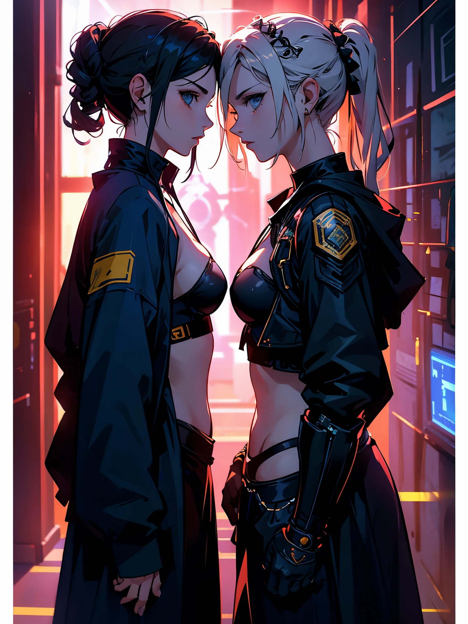 Two costumed women are standing in a room, como lady mechanics, static frame of Prometheus, pintura do corpo azul, Ornamentos Cyberpunk, Imperatriz Asteca, Cinematic details, Guardas, cena da varanda, solarpunk, Directed by: Leon Wyczółkowski, sisters, japanese cgi, Imperatriz Cazaque, close-up do personagem