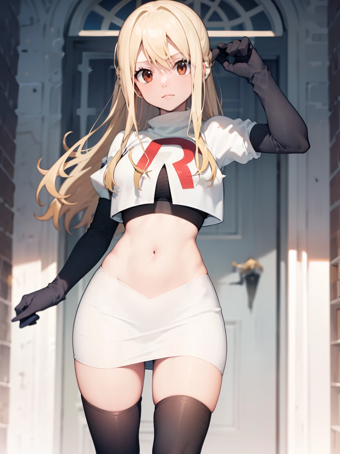 Lucy_Heartfilia, long hair,blonde hair, brown eyes, ,team rocket uniform, red letter R, white skirt,white crop top,black thigh-high boots, black elbow gloves, looking at viewer, cowboy shot