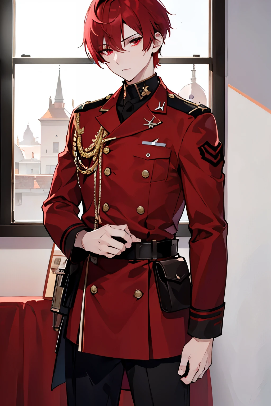 male people Red short hair red eyes military outfits barracks masterpiece Top image quality denoise Clear cinematic shadow Increased attractiveness of the eyes Clear the shine of the eyes Draw eyelashes neatly Perfect Eye A detailed eye Sharpen image quality Sharpen eye writing Clear eye shape