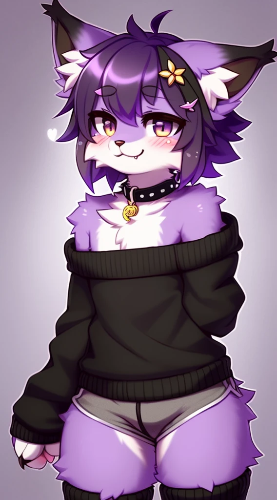 Furry male, (((eyeliner))), eyelashes, (((black eyeshadow))), ((male focus)), lynx, (((purple fur))), (purple hair), furry, cute fangs, cute, medium hair, furry, anime style, fluff, fluffy, thuft, disheveled, realistic fur, detailed, detailed shadows, cheeks fluff, ((fullrender)), <3 eyes, icon portrait, avatar icon, only face, smug face, ((super fluffy)), (upper body), one fang, ((shoulder fluff)), ((shoulder tuft)), ((hairy body)), (((fluffy body))), (((furry body))), thicc thighs, detailed hands, yiffy, teasing face, ((bedroom background)), (((kemono))), ((leg warmers)), ((arm warmers)), upper body, seductive pose, solo focus, ((by jinxit)), claws, blush, :P, (by kilver), hair accessories, hair ornaments, collar, standing, sports shorts, sweater,