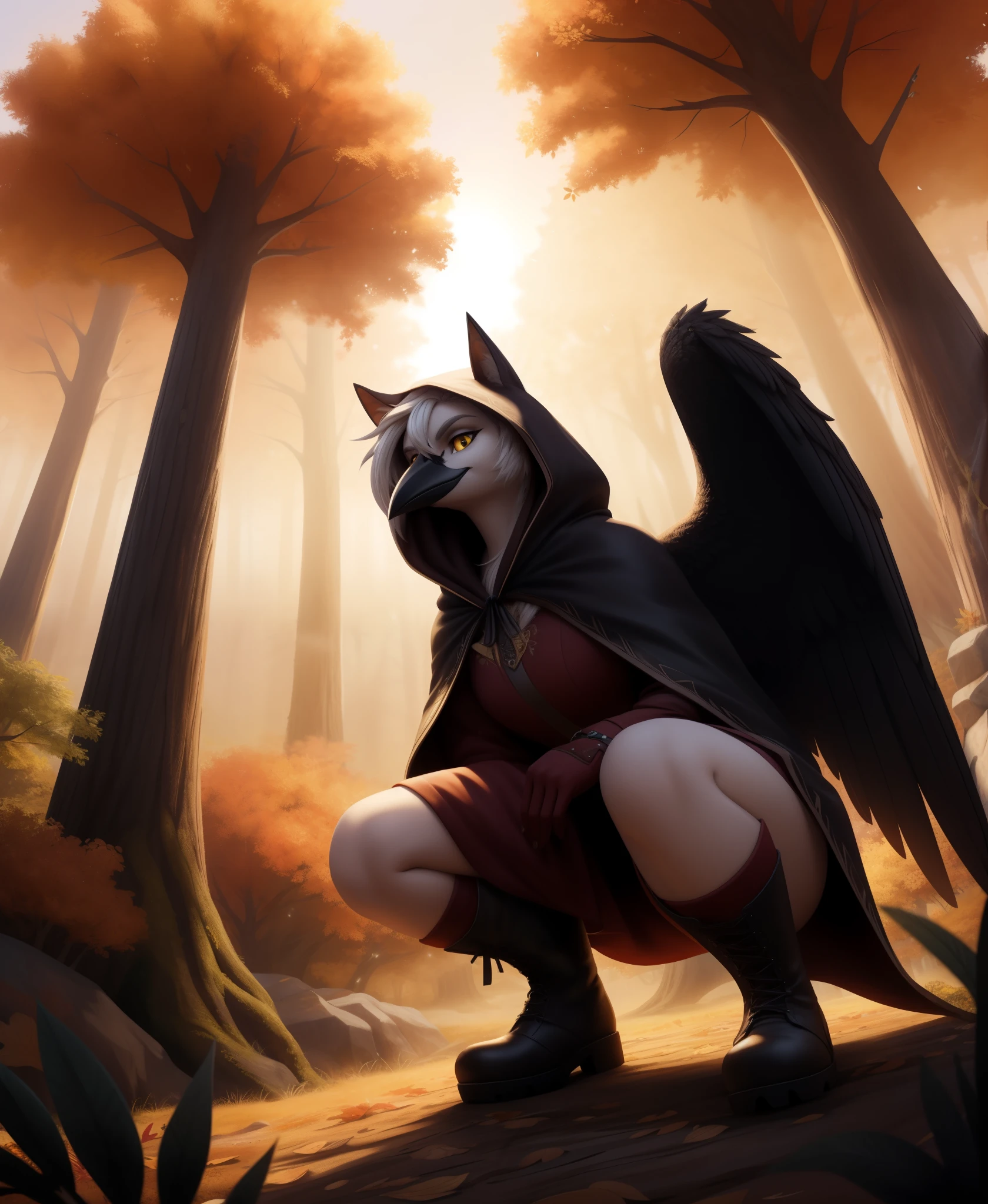 breathtaking (best quality, masterpiece, detailed, 8k)
RAW, realistic cinematic photo, Adorable female bird, anthro crow, ranger, detailed black feathers, hooked black beak, wicked yellow eyes, white hair, Textured lob, winged arms, wearing green hooded cloak, leather, boots, gloves, crouched in high tree branches, bow and arrow, short dagger, close up, preparing to attack, spying, A floating gate suspended in mid-air, leading to a realm of ethereal beauty and wonder, A colorful autumn landscape, with trees adorned in vibrant shades of red, orange, and gold, posed in misty forest battle, Otherworldly (Twilight Spark:1.2), shot from dynamic angle, shot from high angle
(masterpiece, award-winning, professional, HDR)