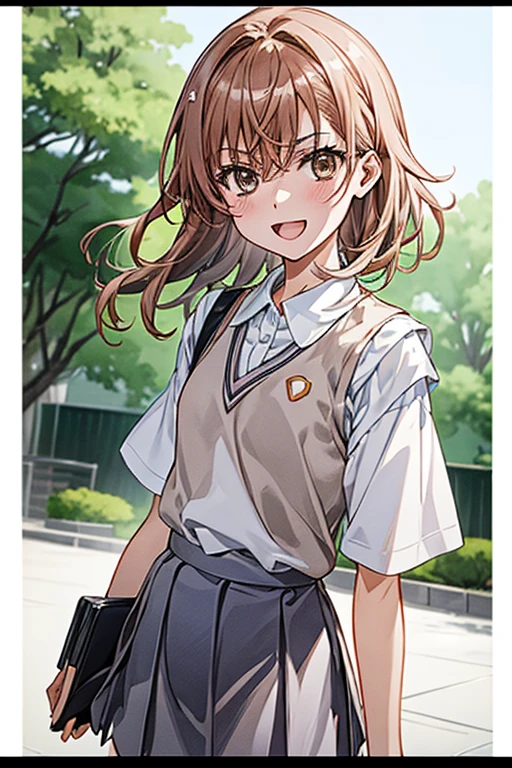 Misaka_mikoto, 1 persons, 独奏,
(illustratio:1.1)、(Top image quality)、(​masterpiece:1.1)、(beautiful and clear background:1.25)、(the Extremely Detailed CG Unity 8K Wallpapers:1.1)、(colourfull:0.9)、(depth of fields:0.75)、(Ink splashing:0.95)、(color splashes:0.85)、(watercolor paiting:0.65)、
(cowboy  shot:1.4)、(校服:1.4)、Bad Hand，:D、耳环、up looking_で_viewer、outside of house、Sunnyday、detailed blue sky、((grey miniskirt))、(White shirt with short sleeves)、Light Brown Sleeveless Cardigan、electricity from the body，