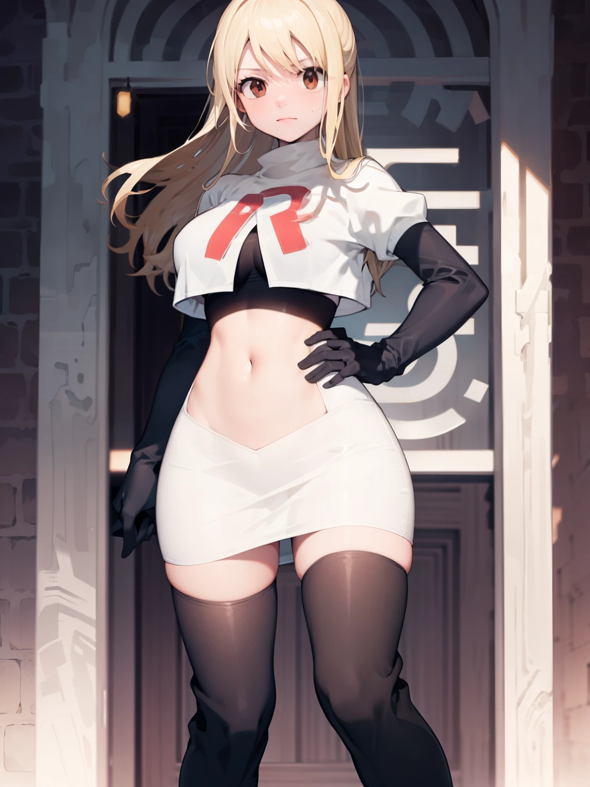 Lucy_Heartfilia, long hair,blonde hair, brown eyes, ,team rocket uniform, red letter R, white skirt,white crop top,black thigh-high boots, black elbow gloves, looking at viewer, cowboy shot