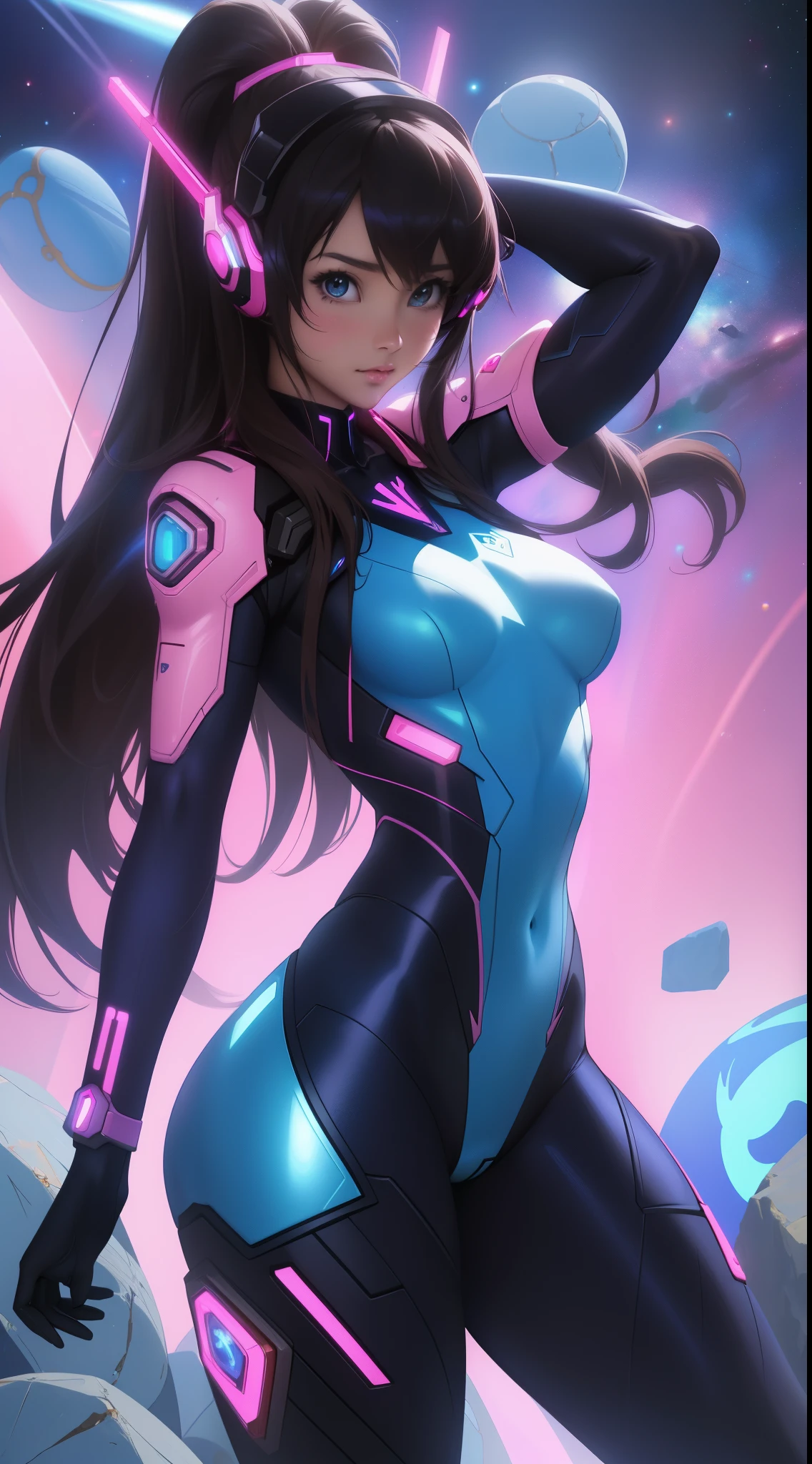 (La mejor calidad,A high resolution,Ultra - detallado,actual), Ariana Grande in a pink anD blue boDysuit with heaDphones, Ross Tran 8 K, extremely DetaileD artgerm, D. VA de Overwatch, portrait anime space caDet girl, Oppai cyberpunk, cyber suit, alena aenami anD artgerm, wlop piel brillante, asuka suit unDer clothes!, smooth Digital concept art, Al estilo de Ross Tran ,(hermosos ojos azules), (fondo piedras grandes negro space:1.4) , (pose vaquero ), (realistic) ,Arte detallado de alta calidad 8K, Fanart Mejor ArtStation, Fantasy art style , (pik bodysuit )