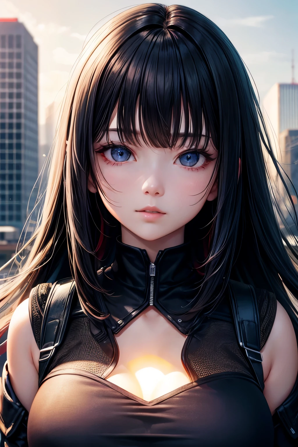 Top quality, high resolution, perfect human structure, background focus, front view, glowing hair, black hair, city, gradient eyes, swept bangs,