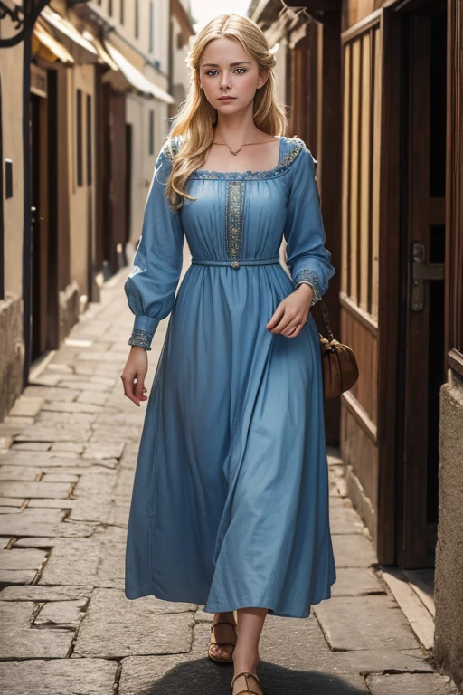 best quality, masterpiece, realistic photo, intricate details, raw photo, ultra detailed, old fashioned young woman, with peasant style dress, no necklines, blonde hair, perfect detailed and blue eyes, walking in an old city, HD quality, 8K, young woman, 20 years old