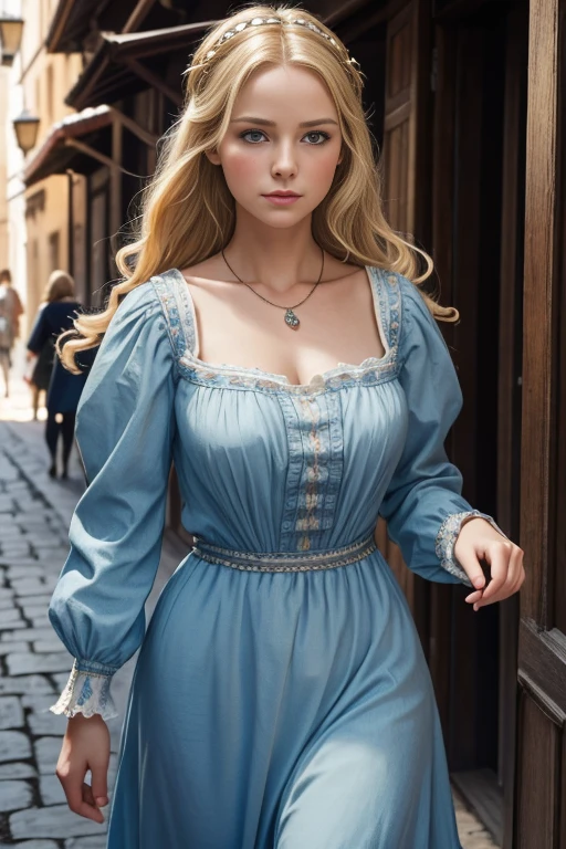 best quality, masterpiece, realistic photo, intricate details, raw photo, ultra detailed, old fashioned young woman, with peasant style dress, no necklines, blonde hair, perfect detailed and blue eyes, walking in an old city, HD quality, 8K, young woman, 20 years old