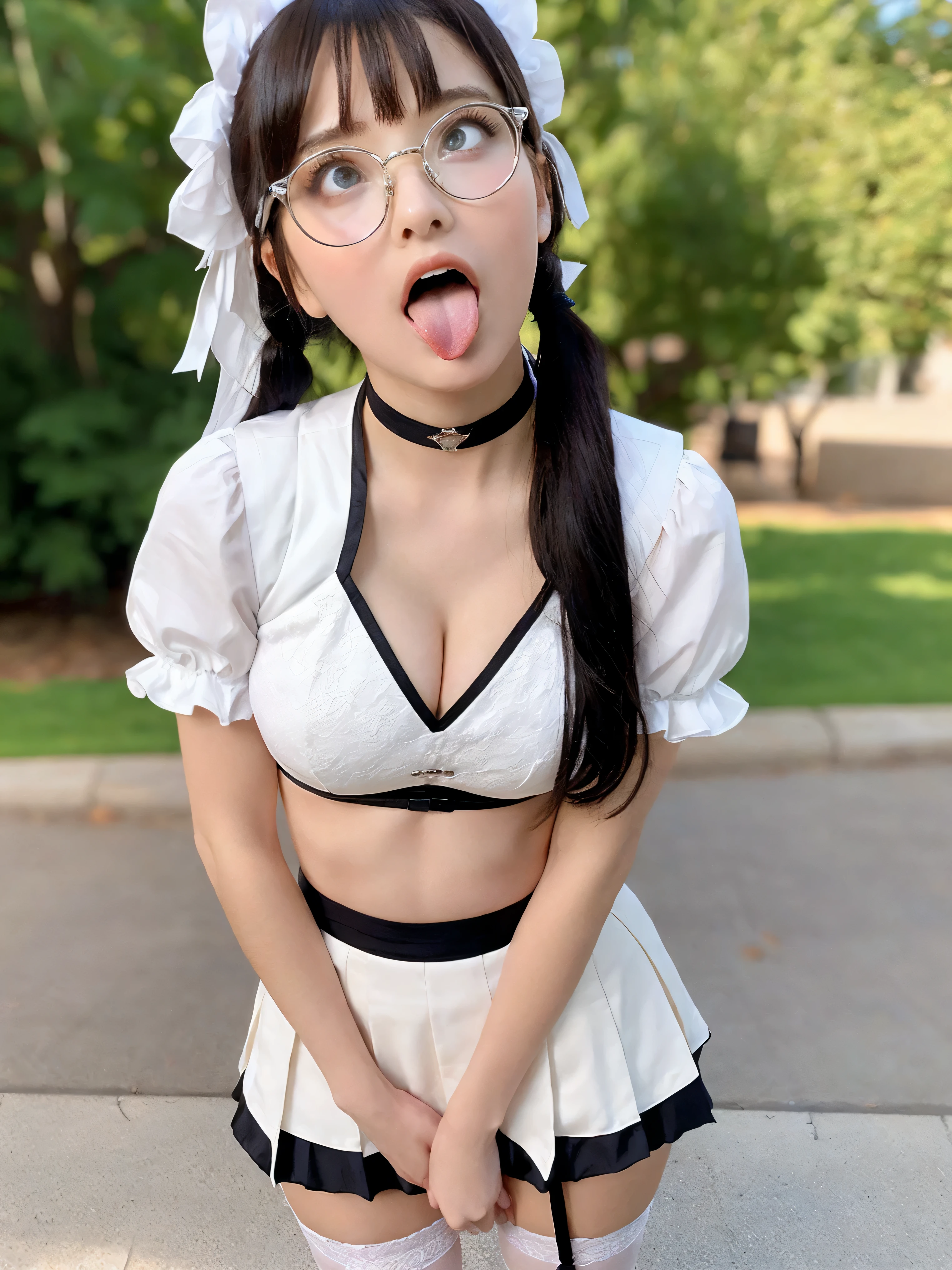 (top-quality、超A high resolution、masterpiece:1.3), masterpiece, Midhair with bangs, Detailed moisturized eyes, Textured skin, Best Quality, Illustration, Ultra-detailed, finely detail, hight resolution, in 8K, Wallpaper, Perfect dynamic composition, Beautiful detailed eyes, Natural Lip, Big breasts, cleavage, sexy pose, (large round black framed glasses), (ahegao, tongue out, long tongue, open mouth), (mini pleated skirt, stockings, lingerie, garter belt), ((perfect long legs, full body showing legs)), (very young looking girl, pigtails, ribbons in hair, cute face, rose cheeks), ((black pink and white marching band uniform, tiny body, tiny waist, sexy body)), large breasts, (looking up at camera)