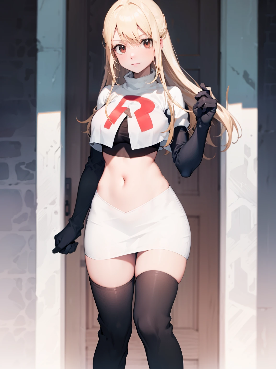 Lucy_Heartfilia, long hair,blonde hair, brown eyes, ,team rocket uniform, red letter R, white skirt,white crop top,black thigh-high boots, black elbow gloves, looking at viewer, cowboy shot