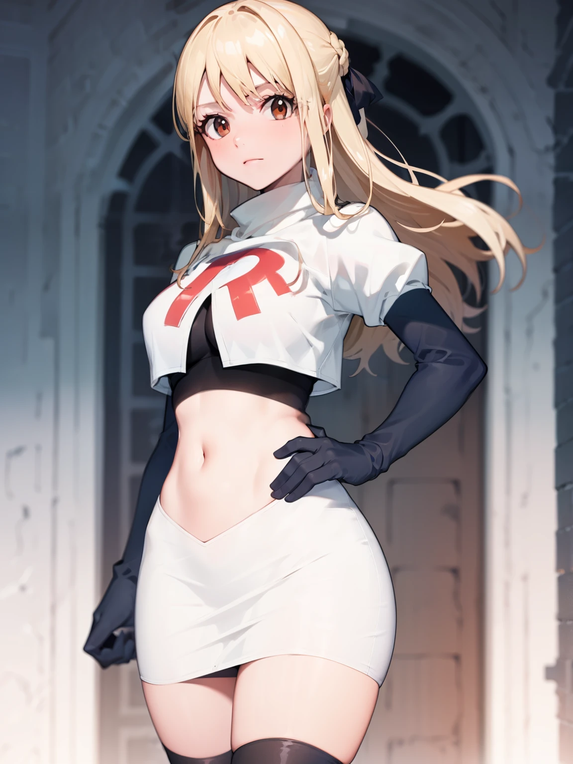 Lucy_Heartfilia, long hair,blonde hair, brown eyes, ,team rocket uniform, red letter R, white skirt,white crop top,black thigh-high boots, black elbow gloves, looking at viewer, cowboy shot