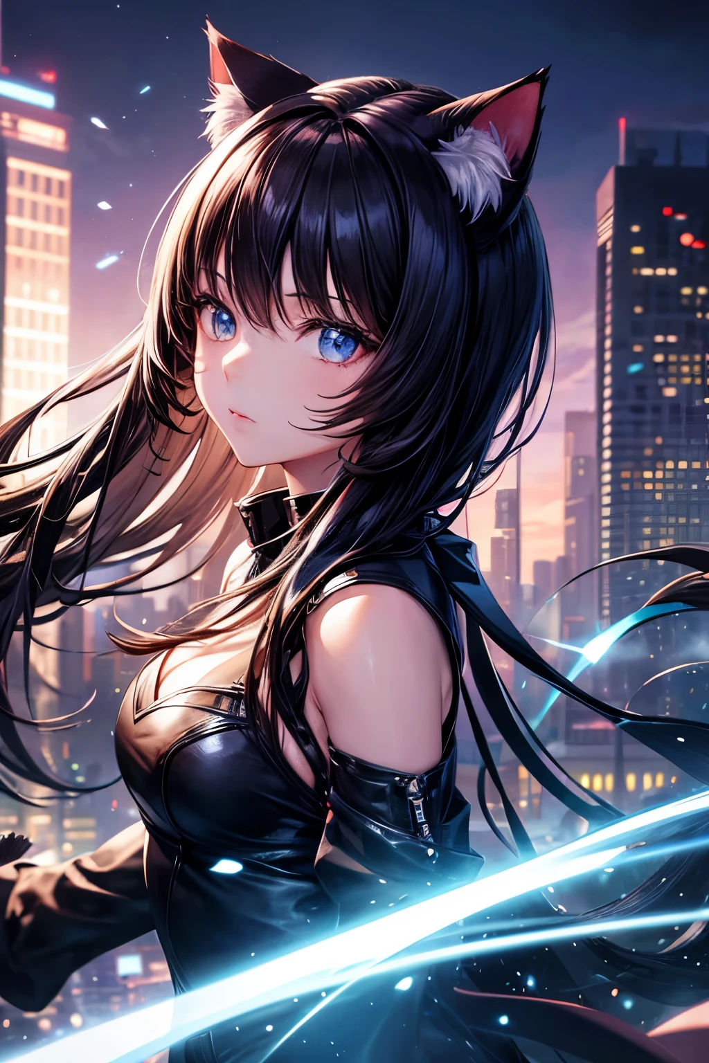 A girl with long hair and black cats ears holding a sword - SeaArt AI