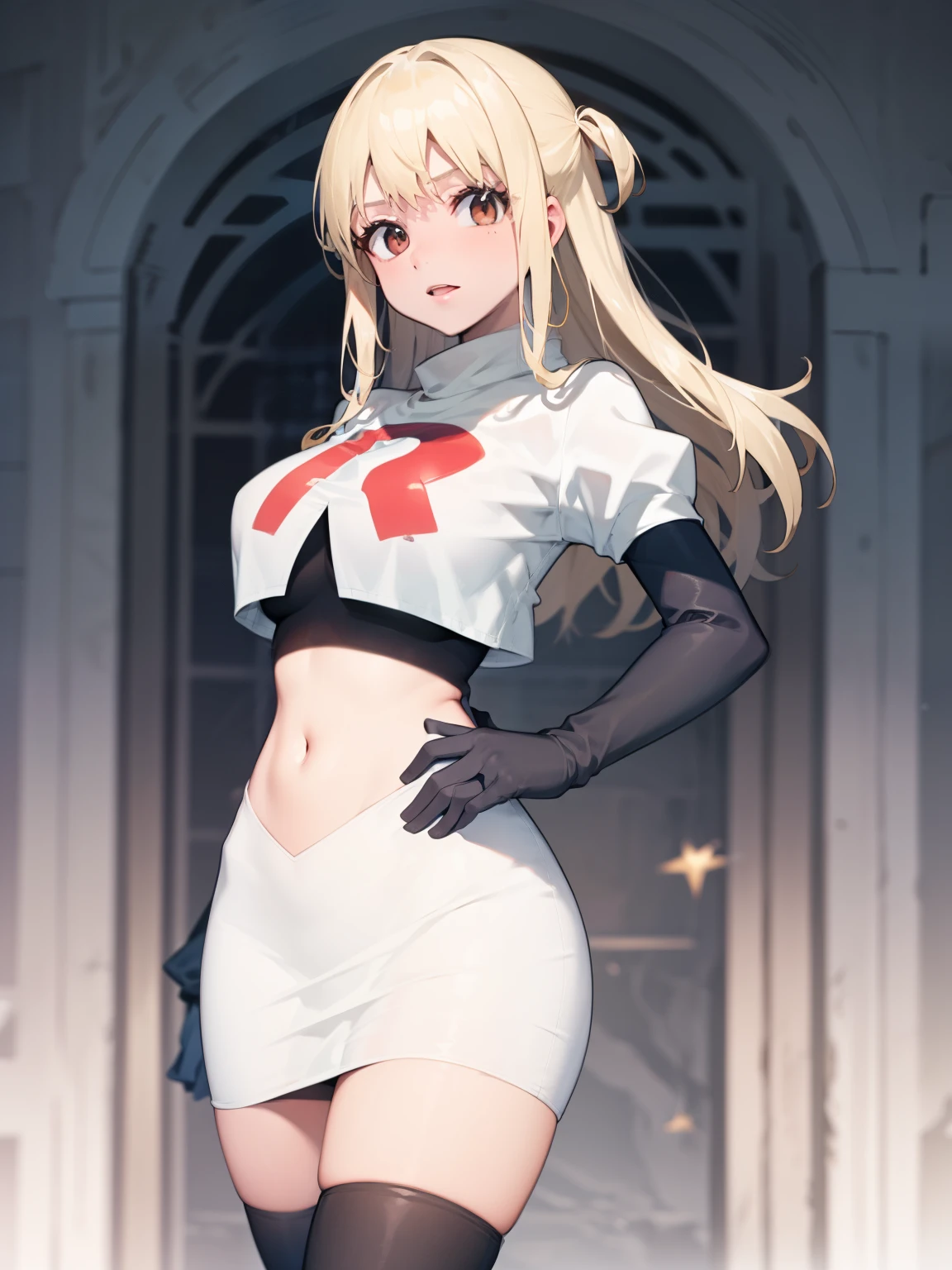 Lucy_Heartfilia, long hair,blonde hair, brown eyes, ,team rocket uniform, red letter R, white skirt,white crop top,black thigh-high boots, black elbow gloves, looking at viewer, cowboy shot