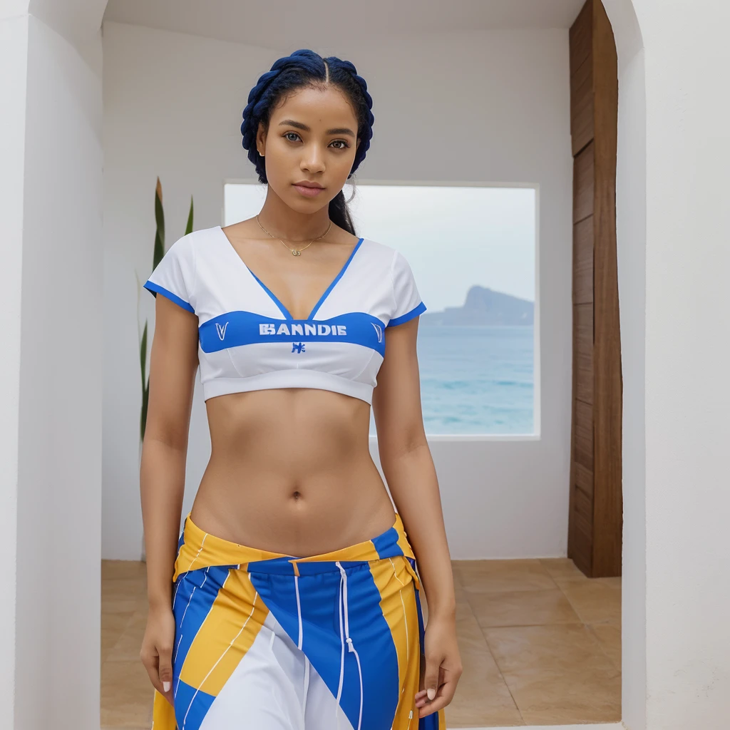 Ugandan, girl, brown hair, blue eyes, short white top, South Africa, sun gazing, modern apparel, glowing eyes, beautiful skyline, beautiful legs, sexy choker, exercising