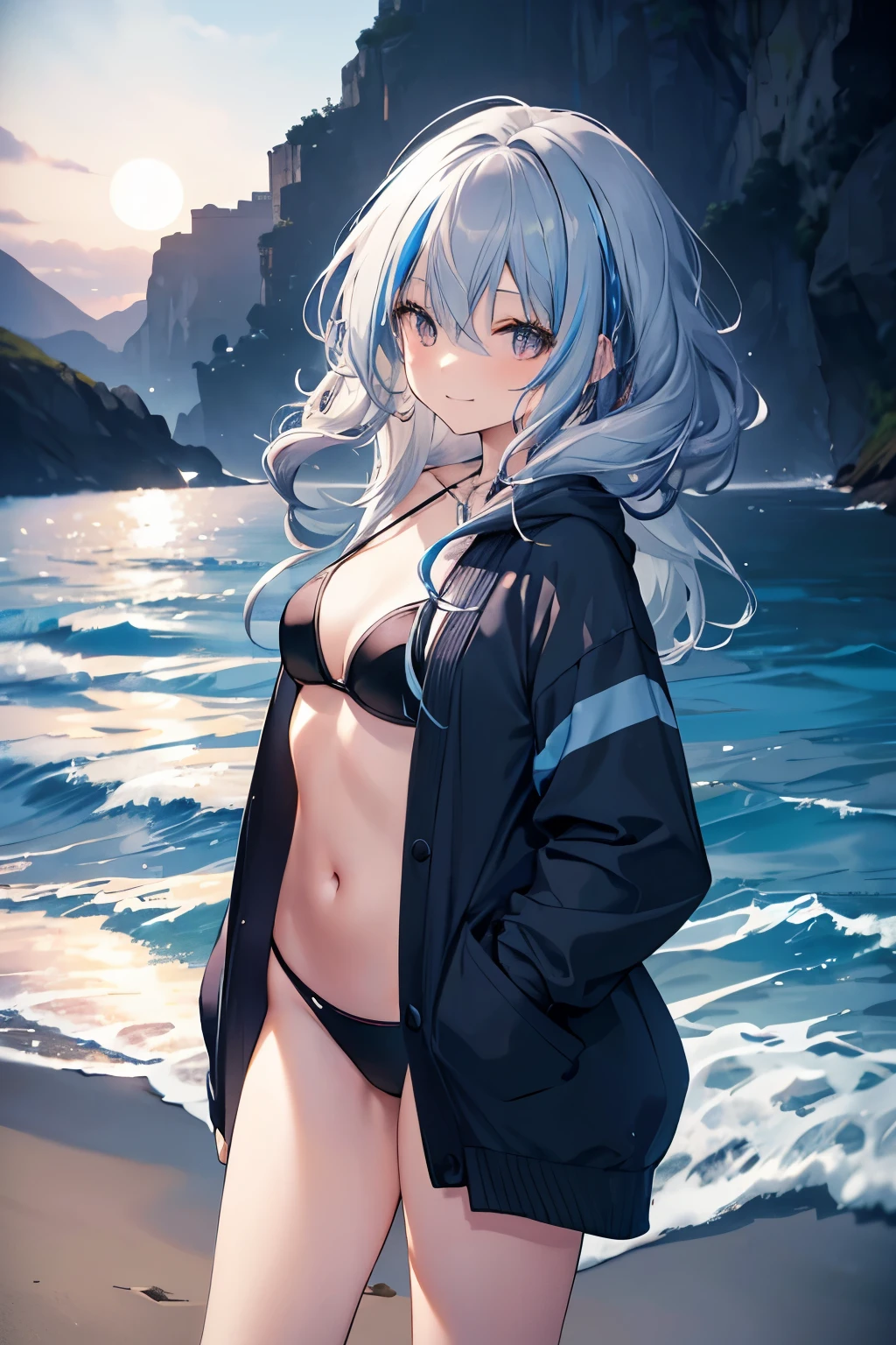 A 25 year old Japanese slender( small tits) lady, silver ((loose curly hair))smooth curly hair and pale blue ((streaked hair))highlights hair, wearing only a black bikini and a dark blue cardigan , looks really calming and beautiful and cool, at a beach in midnight, spreading her left arms forward, a bit windy scene, smiling passionately under the moonlight, looking back pose