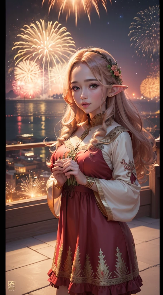 wide wide shot,Expansive night sky,new year,(A grand fireworks display),(best quality,4k,highres,masterpiece:1.2),ultra-detailed,(realistic,photorealistic,photo-realistic:1.37),A beautiful female elf,Spring dress,having fun,red tint,Gold thread decoration:1.1,spring flower embroidery