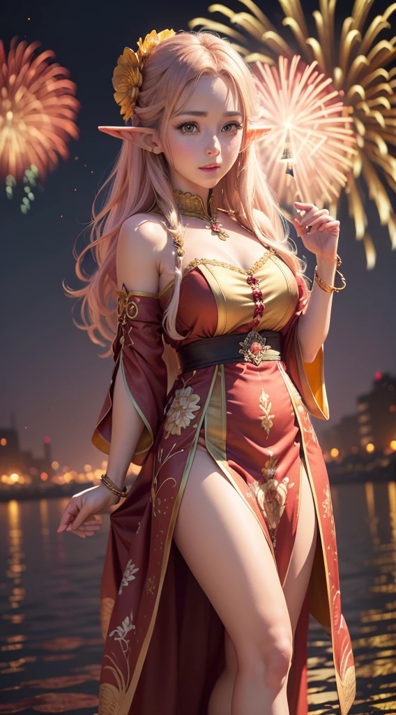 portrait,landscape,painting,illustration,yae miko, sleeves separated, strapless, (sideboob:1.45), pink hair, long hair, Japanese clothing,festive atmosphere,(grand fireworks display in the night sky),sparkling fireworks,mesmerizing colors,romantic ambiance,futuristic skyscrapers,tall buildings,reaching towards the sky,glowing neon lights,amazing architectural design,twinkling stars,celebration of the new year,overwhelming sense of excitement,magical moment,inspiring and artistic composition. best quality,4k,8k,highres,masterpiece:1.2,ultra-detailed,realistic:1.37,