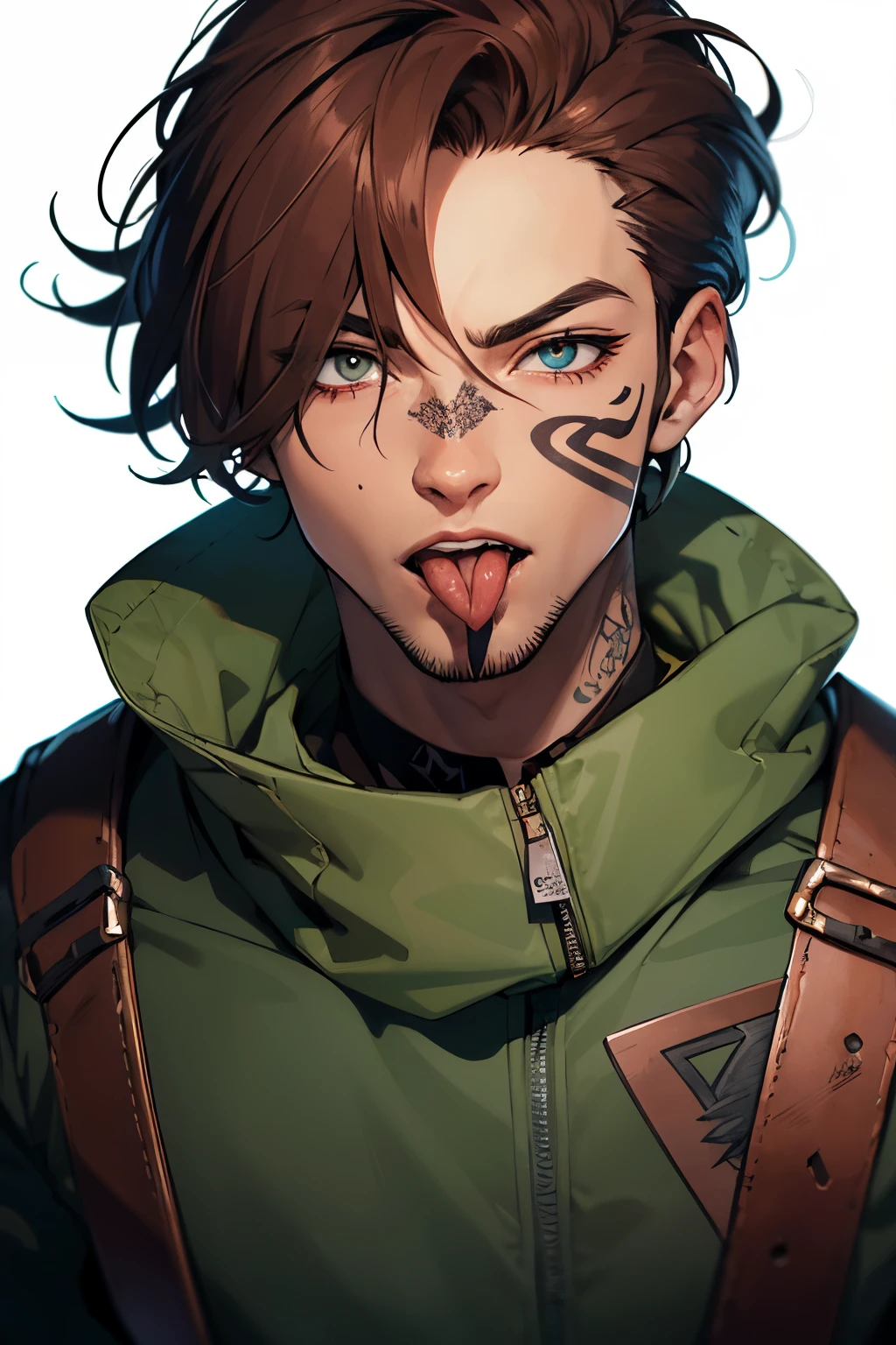 Copper brown haired thief male rogue, ojos verdes, sacando la lengua, with a tattoo on his tongue