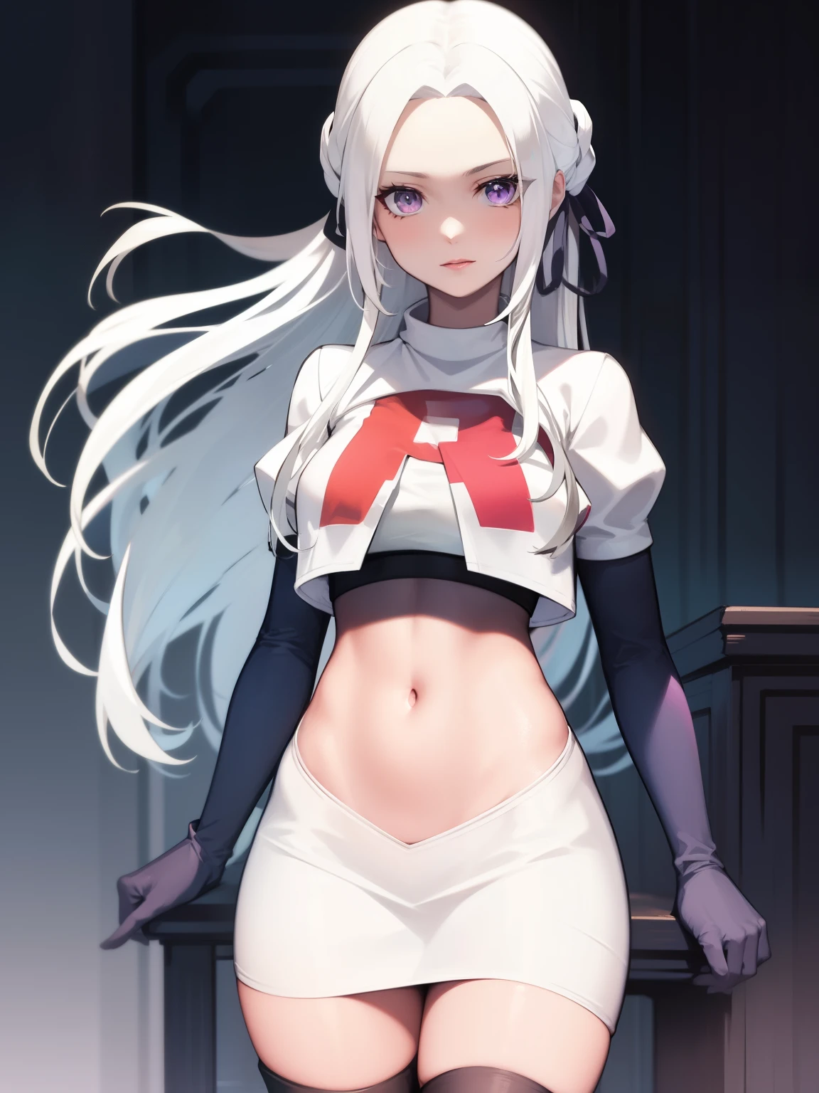 edelgard_academy, hair ribbon, long hair, white hair, purple eyes, glossy lips ,team rocket uniform, red letter R, white skirt,white crop top,black thigh-high boots, black elbow gloves, looking at viewer, cowboy shot