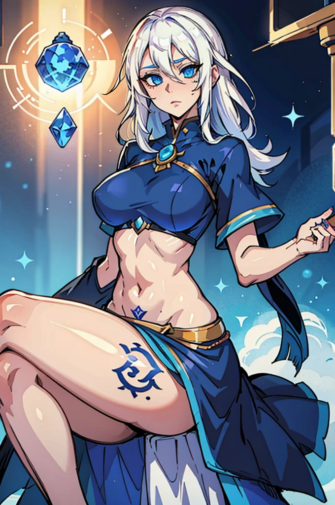 A Female Mage with Arcane Tattoos White Hair and Blue Eyes