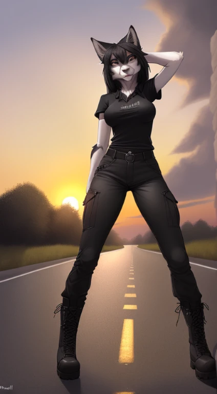 by wolfy-nail, wolfy-nail, (((anthro wolf, woman, antrum, extremely detailed, extremely detailed legs, extremely detailed arms, extremely detailed face, perfectly detailed eyes, perfectly detailed anatomy))): 1.2, solo, ((1woman)), perspective, curved thighs, large thighs, curvature, (tail), driving, sunset, standing, nervous, ((medium breasts)), ((long shaggy black hair)), ((toned)), ((fluffy fur)) ((black BDU shirt)), ((black BDU pants)), ((combat boots)), ((grey fur)),