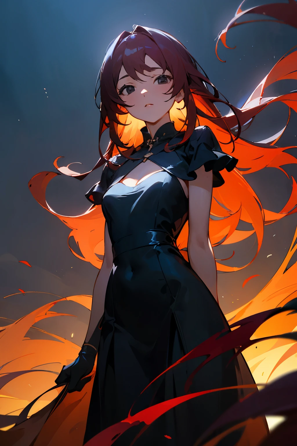 ((best quality)), ((masterpiece)), (detailed), (body shot), (background focus), (looking at camera), red flowing hair black eyes girl countryside night background black gown no exposure arms behind back