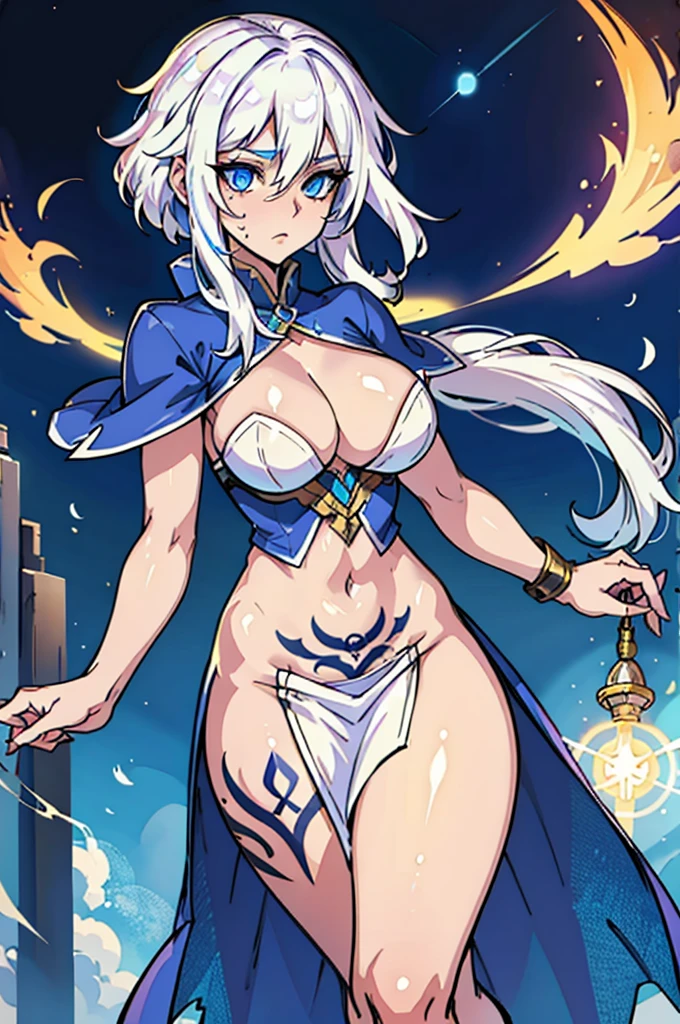 A Female Mage with Arcane Tattoos White Hair and Blue Eyes