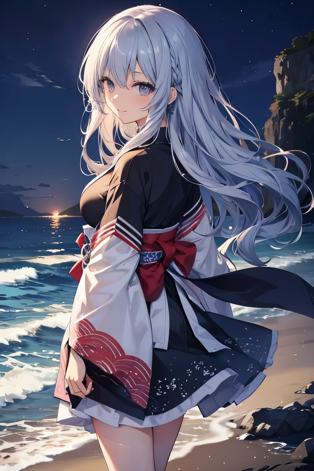 A 25 year old Japanese slender lady, silver ((loose curly hair))smooth curly hair and blue ((streaked hair))highlights hair, wearing only a black Japanese traditional dress with silver lining , looks really calming and beautiful and cool, at a beach in midnight, spreading her left arms forward, a bit windy scene, smiling passionately under the moonlight, looking back pose