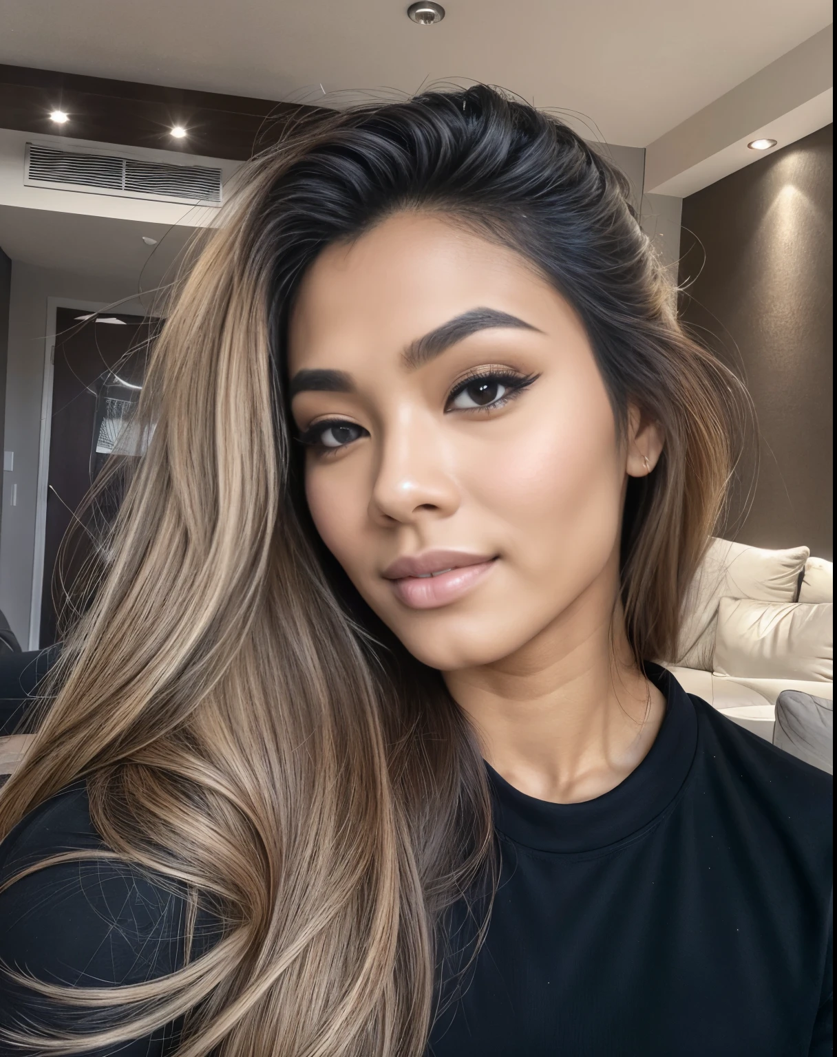 Young Thai woman, Fit physique, fitness physique, wearing sexy black lingerie sitting on the couch with legs open, corps sexy, (8k), (Best quality), (Masterpiece:1.3), (Realstic), (photoreallistic:1.34), Ultra-detailed, [beautiful detailed  eyes], (sourire), (sourire), (beautiful nose detailed), [very long blonde hair], (haut court), lingerie noire, (superbes seins taille normale), (gros plan), profondeur de champ, full body view, sitting on sofa, legs spread, showing crotch, pieds en l'air
