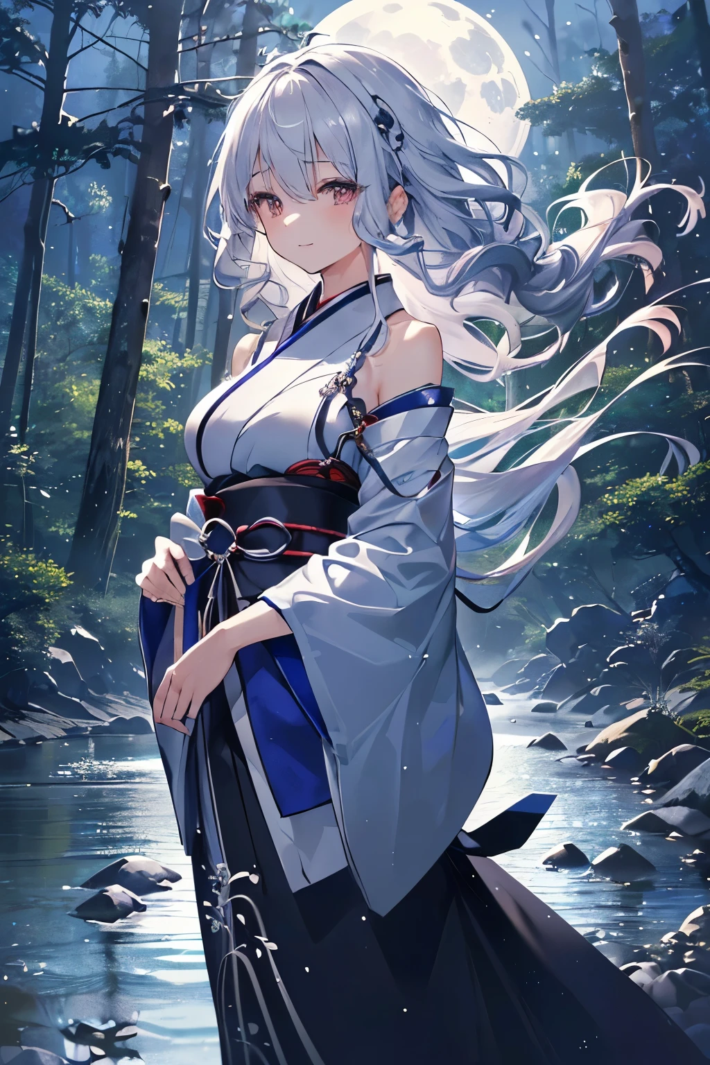 A 25 year old Japanese slender lady, silver ((smooth curly hair and blue highlights hair, wearing only a black Japanese traditional dress with silver lining , looks really calming and beautiful and cool, at a river in a forest in night, spreading her left arms forward, a bit windy scene, smiling calmly, under the moonlight, looking forward