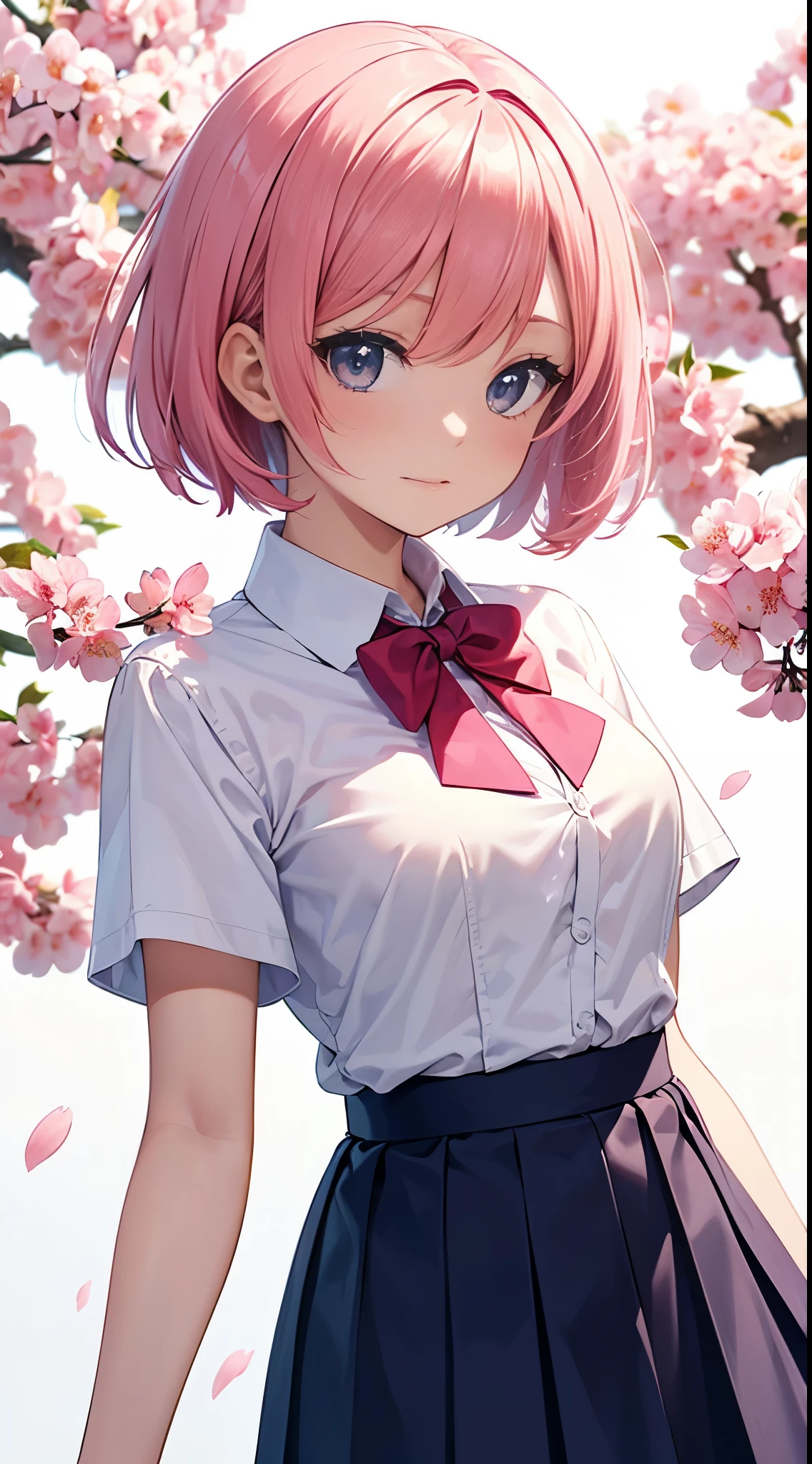 masutepiece, The upper part of the body, 1girl in, Solo,, Pink tones, Manga style, pink cherry blossoms nearby,ars, Pink hair, Bob Hair,blue suspender skirt uniform, White shirt, blue neck bow tie, (White background), Looking at the viewer, side front pose