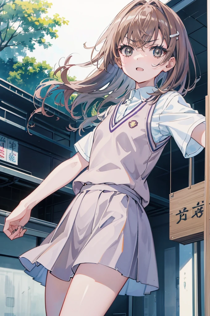 Misaka_mikoto, 1 persons, 独奏,
(illustratio:1.1)、(Top image quality)、(masterpiece:1.1)、(beautiful and clear background:1.25)、(the Extremely Detailed CG Unity 8K Wallpapers:1.1)、(colourfull:0.9)、(depth of fields:0.75)、(Ink splashing:0.95)、(color splashes:0.85)、(watercolor paiting:0.65)、
(cowboy shot:1.4)、(校服:1.4)、Bad Hand,:D、耳环、up looking_で_viewer、outside of house、Sunnyday、detailed blue sky、((grey miniskirt))、(White shirt with short sleeves)、Light Brown Sleeveless Cardigan、electricity,serious faces,